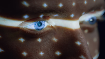 Biometric Facial Recognition Scanning of Blue Eye's Iris. Futuristic Concept: Projector Identifies Individual by Illuminating Face by Dots and Scanning with Laser. Close-up Shot
