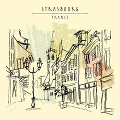 Strasbourg, France, Europe. Pedestrian street in old historic town. French architecture. Hand drawing. Travel sketch. Vintage touristic postcard, poster