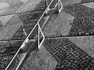 Fototapeta premium Fire escape. Soviet apartment building. Ust-Kamenogorsk (Kazakhstan). Architectural background. Black and White