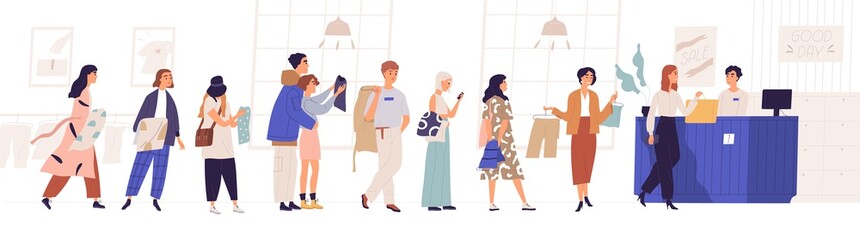 Shopping in store flat vector illustration. Sale, discount, special offer concept. Seller and people standing in queue cartoon characters. Male and female customers isolated on white background.