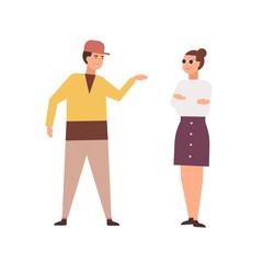 Arguing couple flat vector illustration. Family conflict, quarrel, negative emotions concept. Misunderstanding, relation problems. Offending boyfriend and girlfriend cartoon characters.