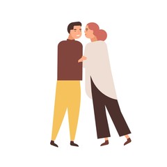 Cuddling couple flat vector illustration. Embracing people, middle-aged husband and wife. Relation harmony, love and fondness, family idyll concept. Happy woman and man cartoon characters.