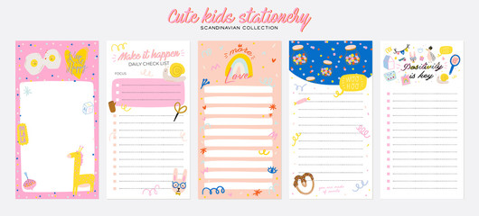 Collection of weekly or daily planner, note paper, to do list, stickers templates decorated by cute kids illustrations and inspirational quote. School scheduler and organizer. Flat vector
