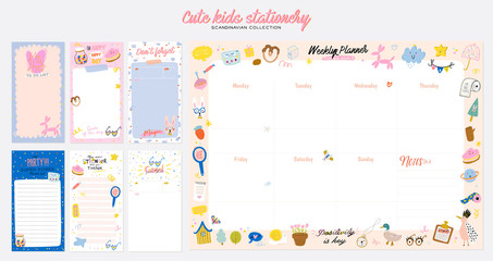 Collection of weekly or daily planner, note paper, to do list, stickers templates decorated by cute kids illustrations and inspirational quote. School scheduler and organizer. Flat vector