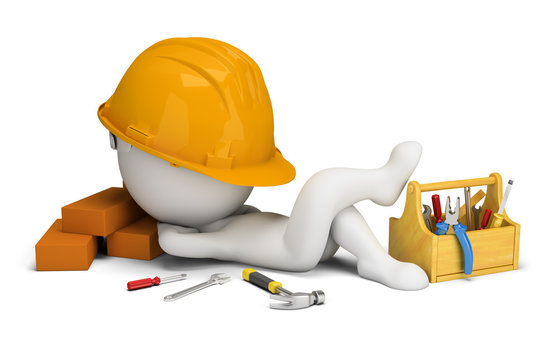 3d small people - builder sleeps in the workplace