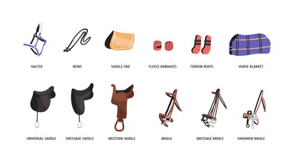 Horse riding outfitting flat vector illustrations set. Saddles, bridles and accessories. Equestrian sport attributes. Horseback riding convenience and safety facilities isolated on white background.