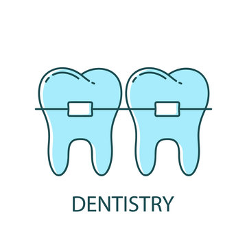 Blue teeth with braces icon. Thin line art template for dentistry logo. Color outline illustration. Contour hand drawn isolated vector image on white background