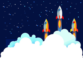 Three Rocket launch, ship illustration flying over cloud with night sky. beautiful scenery with white clouds.vector illustration concept of business. 