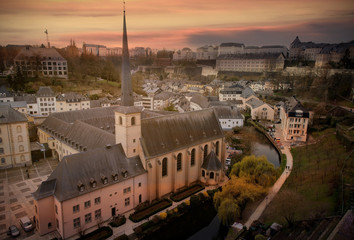 Landmark  view in the evening city, the capital of Grand Duchy of Luxembourg, view of the Old Town and Grund