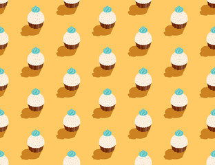 Cupcake Cake 3D isometric seamless pattern, Dessert bakery concept poster and social banner post design illustration isolated on cream background with copy space, vector eps 10