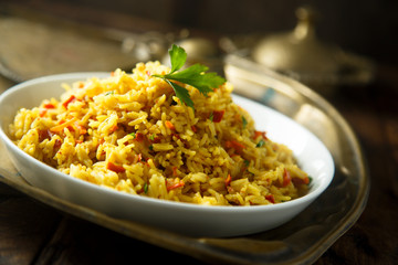 Homemade vegetarian rice pilau with fresh parsley