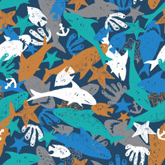 Vector dark blue colourful shark pen sketch chaotic arrangement repeat pattern. Perfect for fabric, scrapbooking and wallpaper projects.