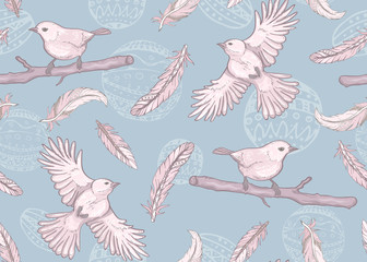 Seamless pattern with birds and feathers