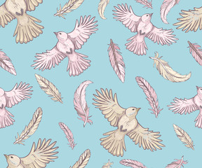 Seamless pattern with birds and feathers