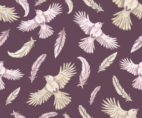 Seamless pattern with birds and feathers