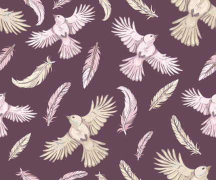 Seamless pattern with birds and feathers © Hmarka
