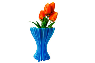 Bouquet of orange tulips in a blue vase on white background.