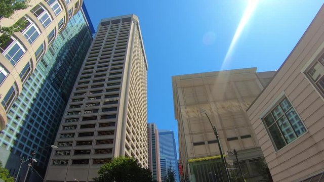 Cityscape low POV of high raising buildings in centre of Seatlle, US