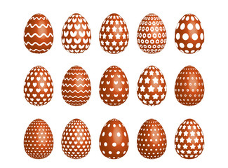 Happy Easter. Spring holiday set with colorful painted brown onion peel eggs. Vector illustration background. Traditional orthodox christian celebration food. Isolated red egg with different textures.
