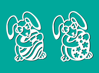 Happy Easter eggs with rabbit, spectacles and flowers. Set of laser cutting template. Vector silhouette elements. Sample illustration for cut isolated on green spring background.