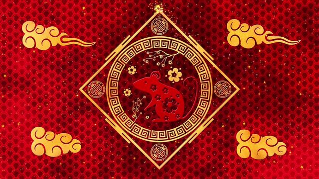 Lunar New Year, Spring Festival background with golden rat, glittering stars and clouds. Chinese new year animation for holiday event. 3D rendering seamless loop 4k video.