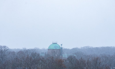 First snow of the year falling over the public creamtorium in Helsingborg, Sweden.
