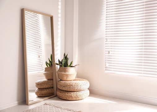 Large Stylish Mirror In Room, Space For Text. Element Of Interior Design