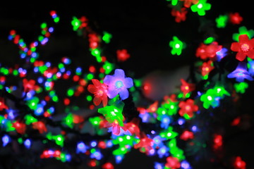 Close up of colorful light bulbs in a form of flowers on black background, Merry Christmas and Happy New Year concept. Amazing tree with shining garland of flowers.