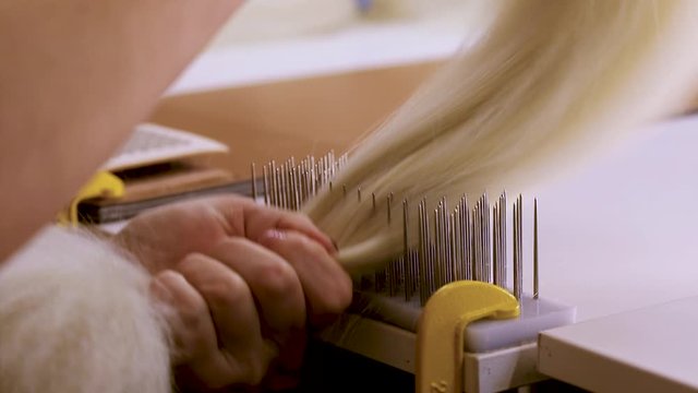 Wig Hair Combing. Wig production, female hands close-up.