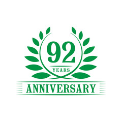 92 years logo design template. Ninety second anniversary vector and illustration.