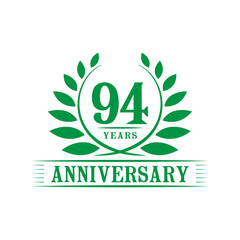 94 years logo design template. Ninety fourth anniversary vector and illustration.