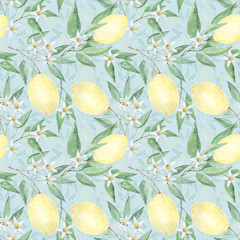 Seamless pattern with lemons, twigs and flowers on a light blue background.