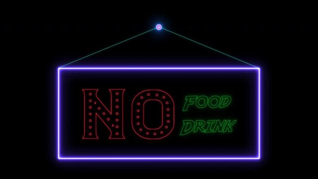 Hang tag no food, drink neon sign fluorescent light glowing on signboard. Hanging notice tag no food, drink by neon lights. The best stock of animation door notice neon flickering, flash
