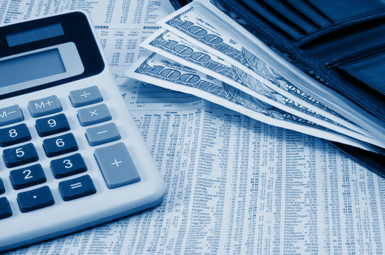 Finace, wallet, dollars, calculator numbers In trendy classic blue colors