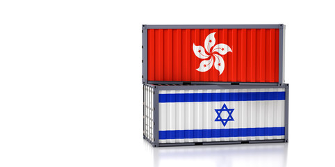 Freight container with Israel and Hong Kong flag. 3D Rendering