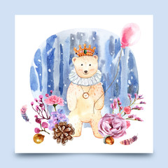 teddy bear with flowers in winter