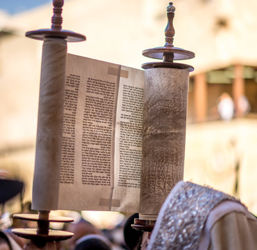 Reading the Torah scroll at the Western wall for Sukkot holiday