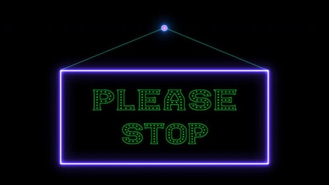 Hang tag Please stop neon sign fluorescent light glowing on signboard. Hanging notice tag Please stop by neon lights. The best stock of animation door notice neon flickering, flash black background