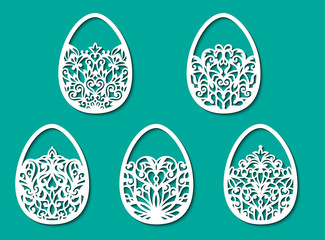 Set of openwork eggs with lace ornament. Laser cutting template. Die cut eggs with mandala pattern for Happy Easter. Vector silhouette of shape element. Isolated illustration on green background.