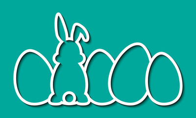 Laser cut of stencil template. Happy Easter eggs lie in line, rabbit with ears and tail. Easter Egg hunt. Die cut vector silhouette fun bunny. Sample illustration isolated on green spring background.