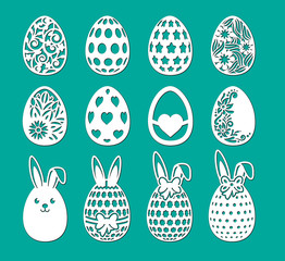 Set of laser cut template. Decorative eggs with rabbit, bow, flower, ears of bunny. Vector sample elements. Happy Easter egg hunt. Silhouette illustration for paper cut isolated on green background.