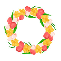 Cartoon Easter Day - floral easter wreath or spring flowers frame with tulip, daffodil, green leaves, floral bouquet isolated on white, ideal for cute greeting postcards, prints, posters - vector