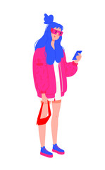 Illustration of a young girl in a red jacket. Vector. Stylish hipster girl with blue hair. Girl in red glasses with a phone. Generation Z, Mellineal. Flat style.