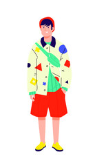 Fototapeta na wymiar Illustration of a young man in a bright avant-garde shirt. Vector. Stylish hipster in orange shorts. Fashionable guy in a red cap with a bag and in yellow boots. Generation Z, millennial. A handsome b
