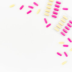 Medical concept with vitamins on white background. Flat lay