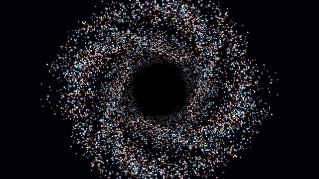Glittering golden particles floating, swirling in a spiral trajectory and spreading around on black background. Animation. Abstract cloud of small circles forming space tunnel.