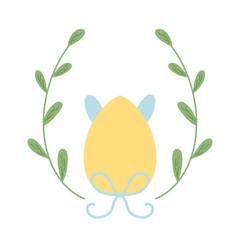 Easter composition in pastel colors with place for text on a white background. A yellow egg decorated with a blue bow and peeking rabbit ears in a frame of green twigs. Composition for festive design.