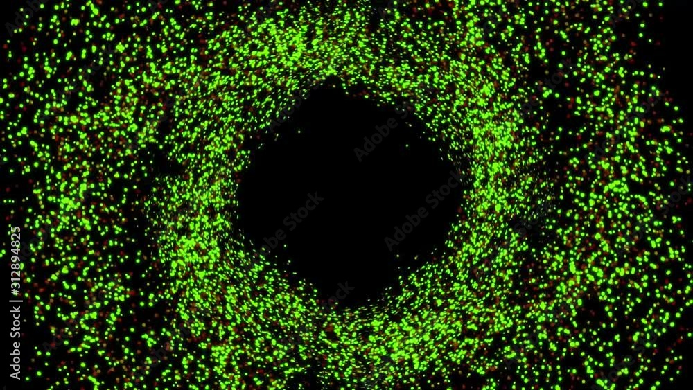Poster Abstract background with shining green bokeh sparkles forming a ring on black background. Animation. Abstract green bokeh particles slowly flowing in space.