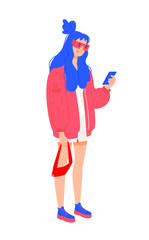 Illustration of a young girl in a red jacket. Stylish hipster girl with blue hair. Girl in red glasses with a phone. Generation Z, Mellineal. Flat style.