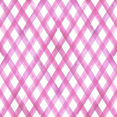 Watercolor diagonal stripe plaid seamless pattern. Pink stripes on white background